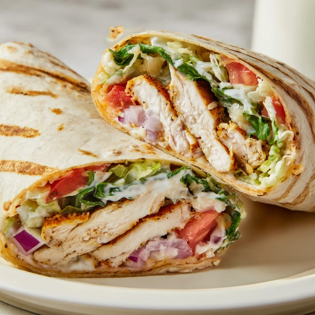 Golden cheesy garlic chicken wraps loaded with fresh vegetables wrapped in soft flour tortillas