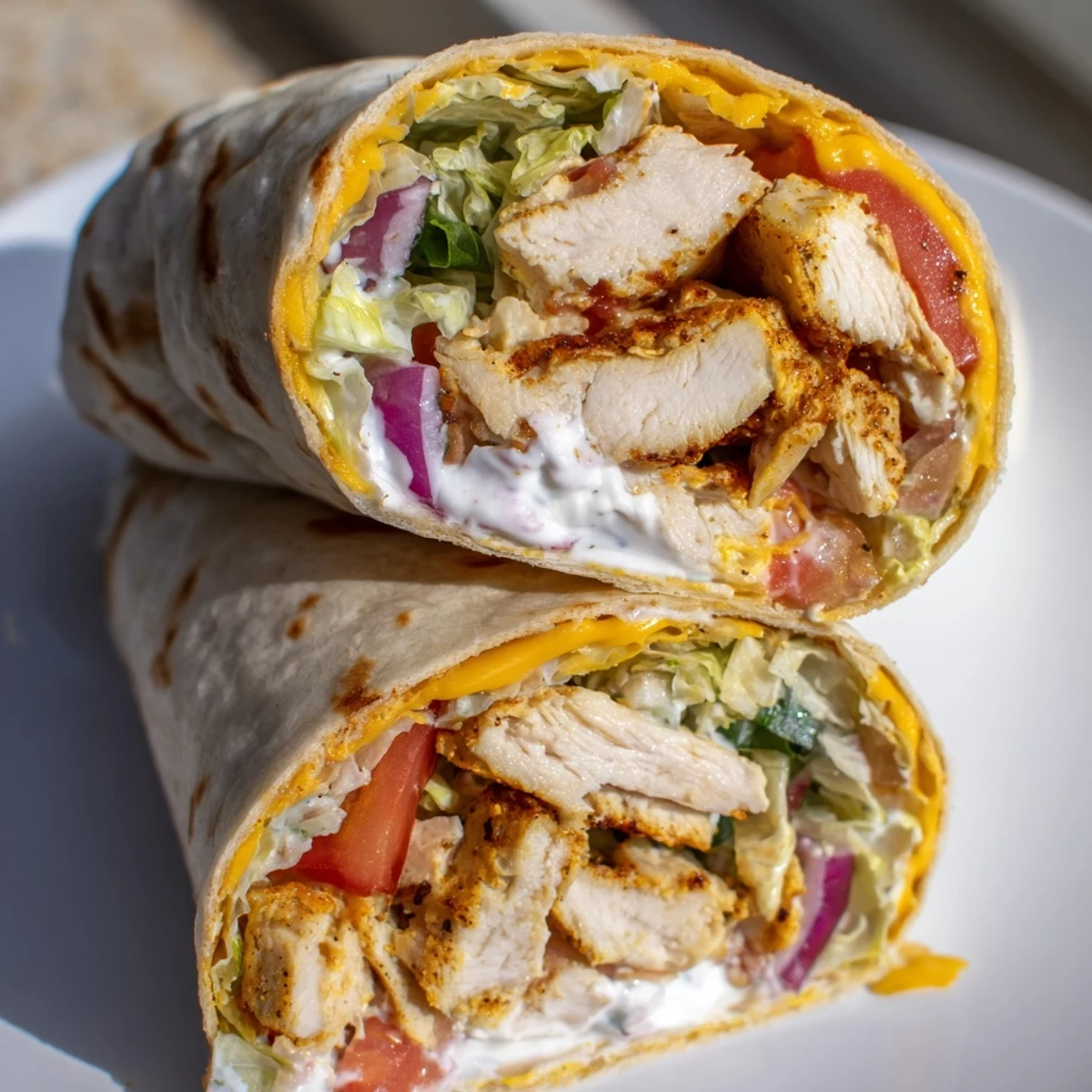 Delicious cheesy garlic chicken wraps featuring crisp lettuce tomato and red onion filling