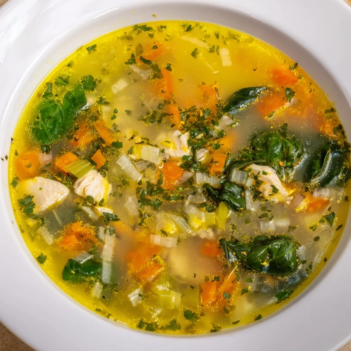 Golden bowl of Mediterranean lemon herb chicken soup with tender chicken pieces and colorful vegetables in aromatic broth