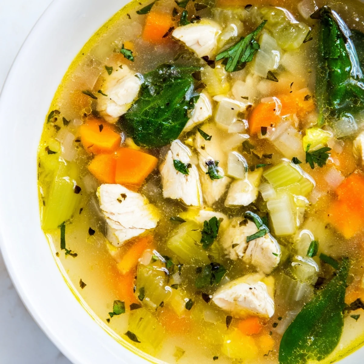 Steaming bowl of flavorful Mediterranean lemon herb chicken soup with juicy chicken, vibrant vegetables, and bright herb garnish