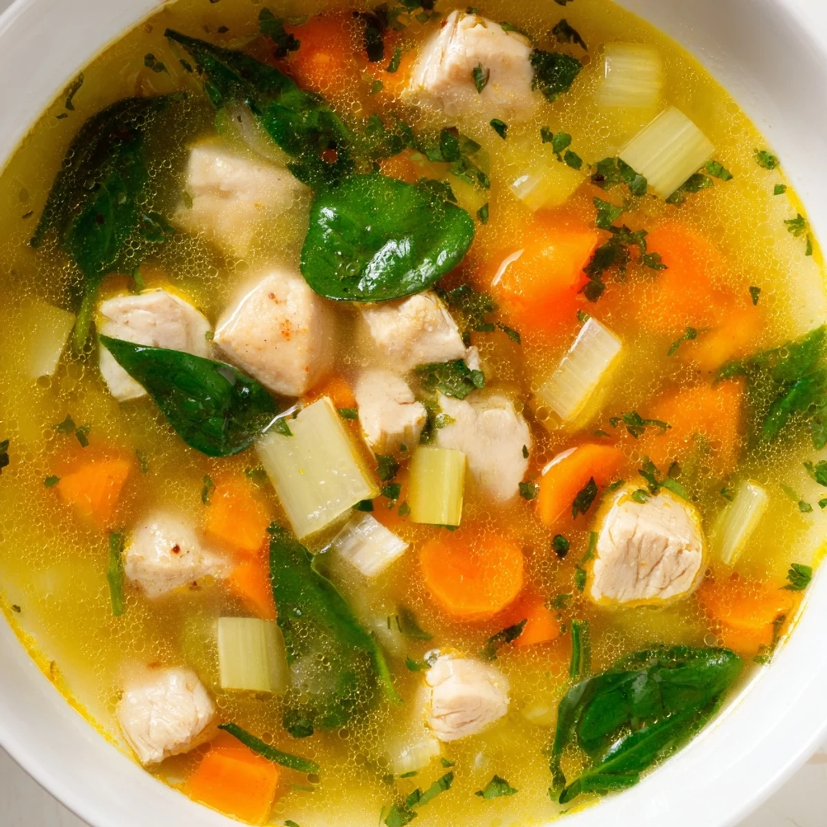 Creamy Mediterranean lemon herb chicken soup featuring spinach, carrots, and celery garnished with fresh parsley and lemon zest