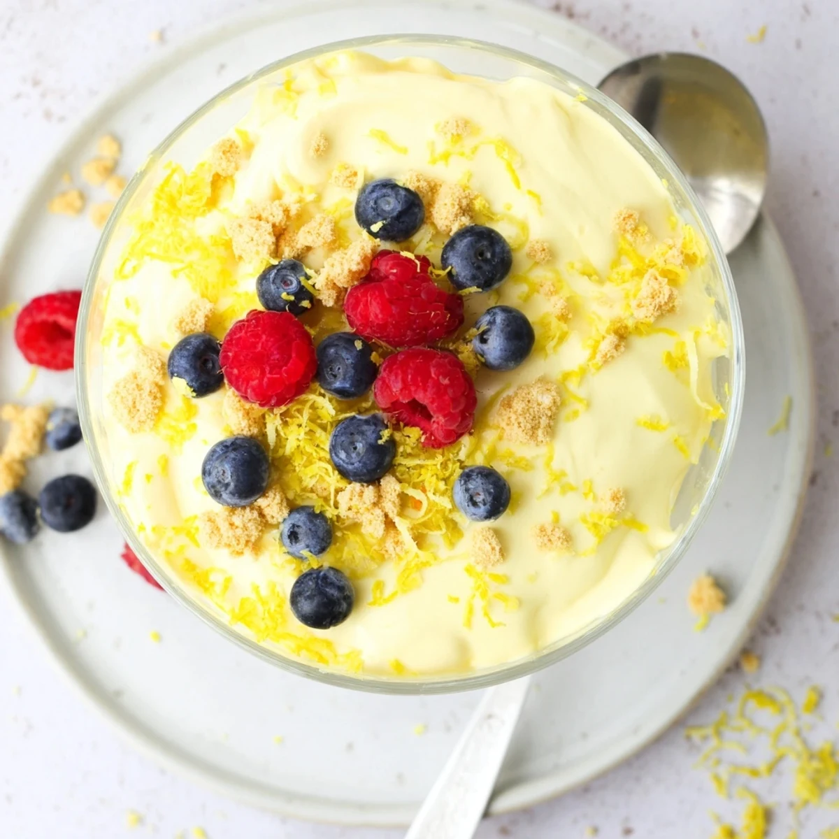 Light and tangy lemon cheesecake mousse dolloped into clear dessert bowls for serving