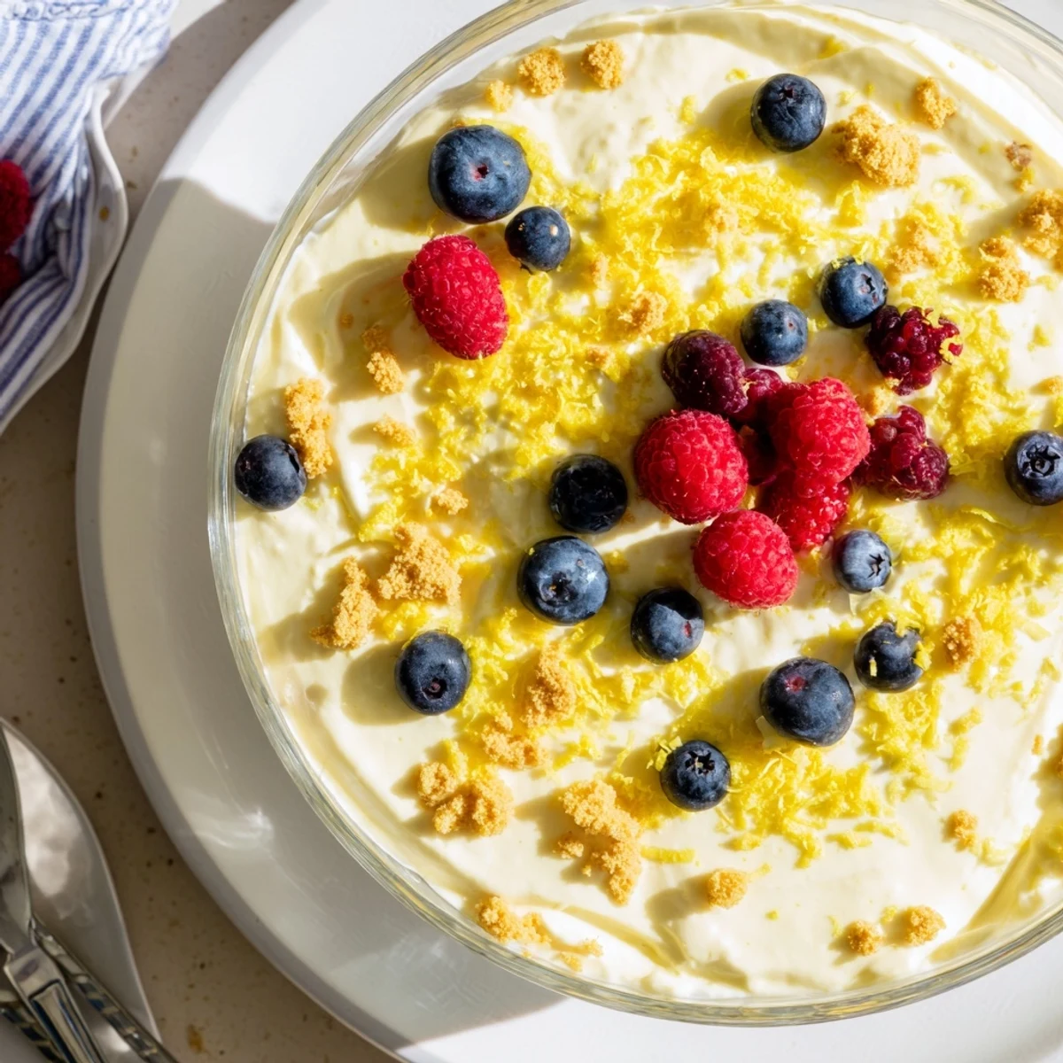 Fluffy white lemon cheesecake mousse garnished with bright berries and graham cracker crumbs