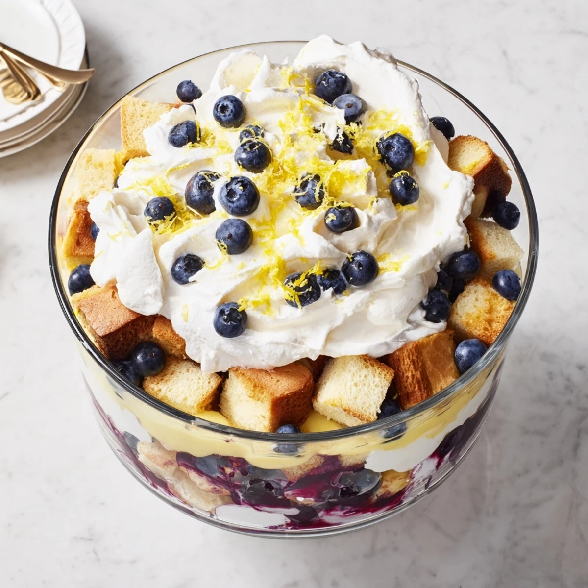 Glass trifle bowl showcasing layered easy lemon blueberry trifle with fluffy whipped cream topping