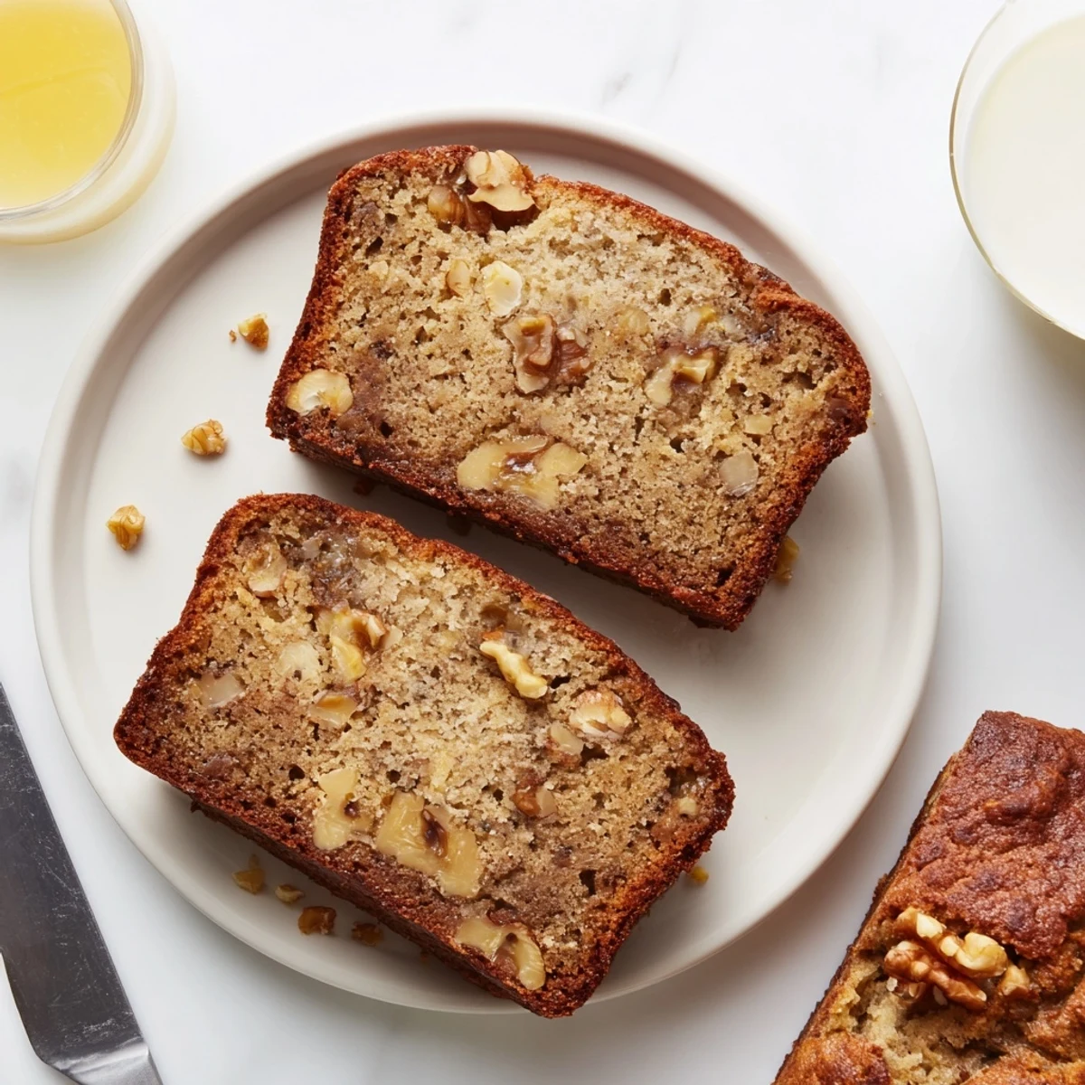Thick slice of moist ultimate banana nut bread revealing a tender crumb with crunchy walnut pieces