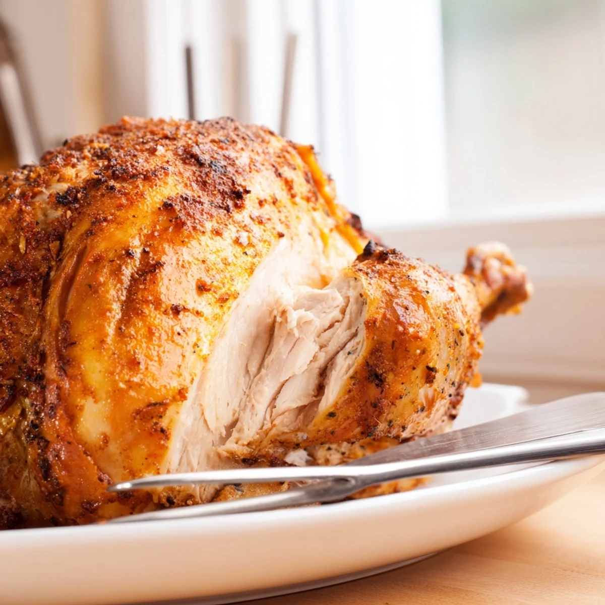 Golden brown rotisserie chicken with crispy seasoned skin resting on a carving board