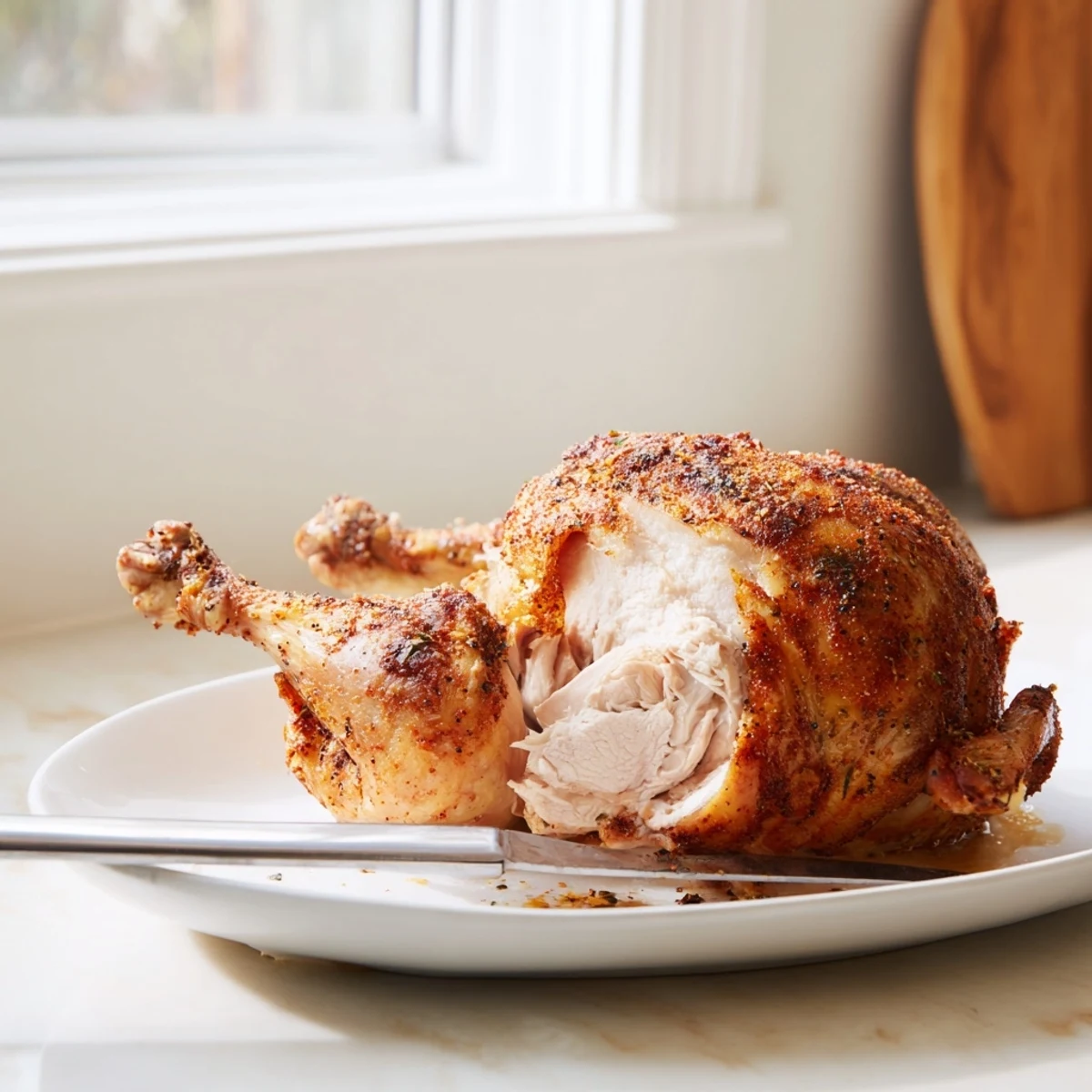 Tender rotisserie chicken with beautifully caramelized skin ready for family dinner carving