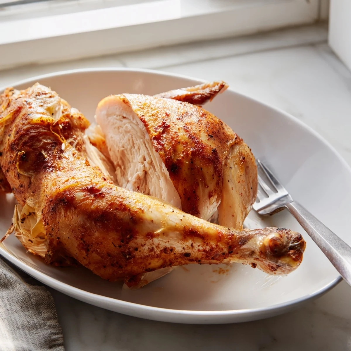 Whole juicy rotisserie chicken garnished with fresh herbs and lemon slices for serving