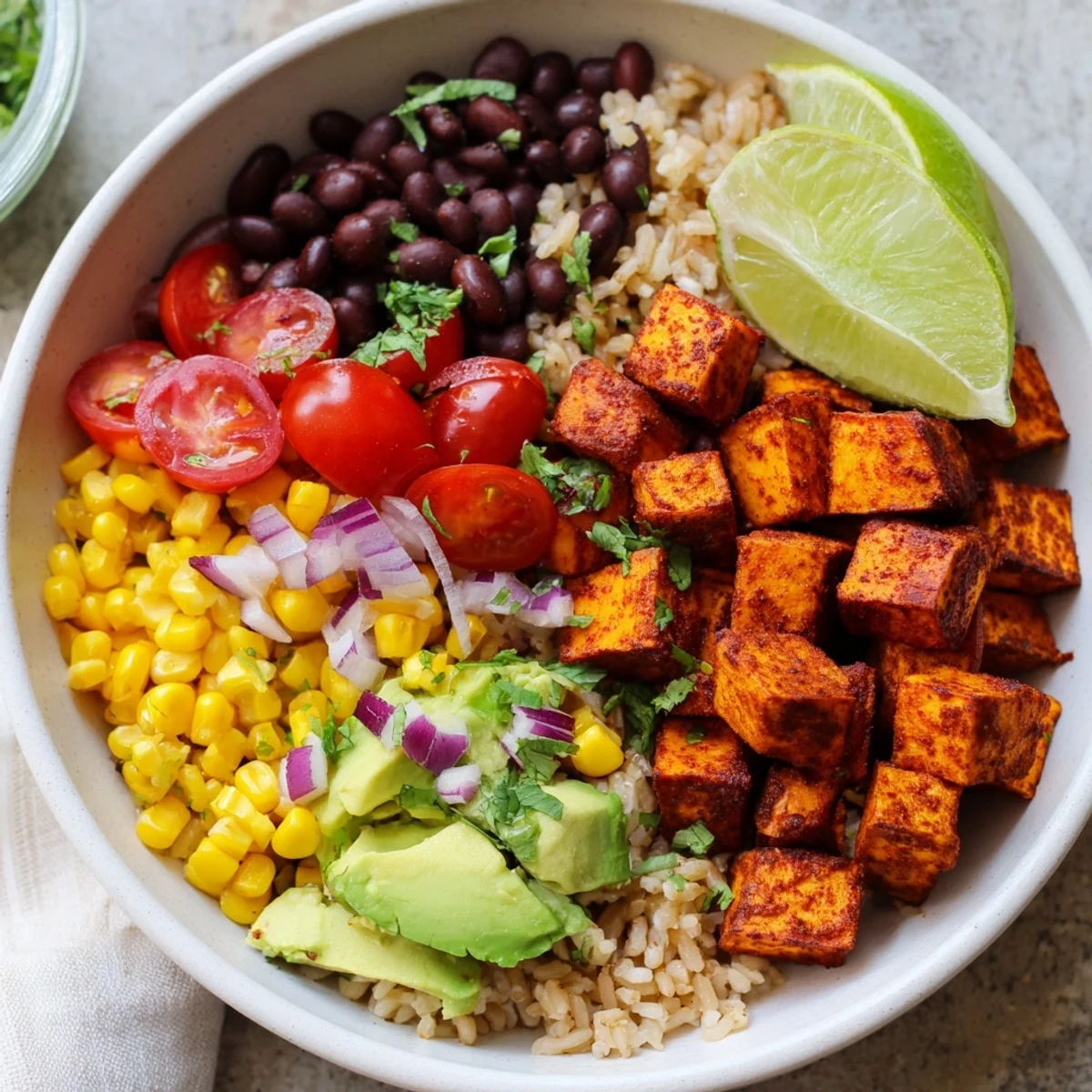Colorful vegan sweet potato burrito bowl with roasted spiced potatoes and fresh toppings