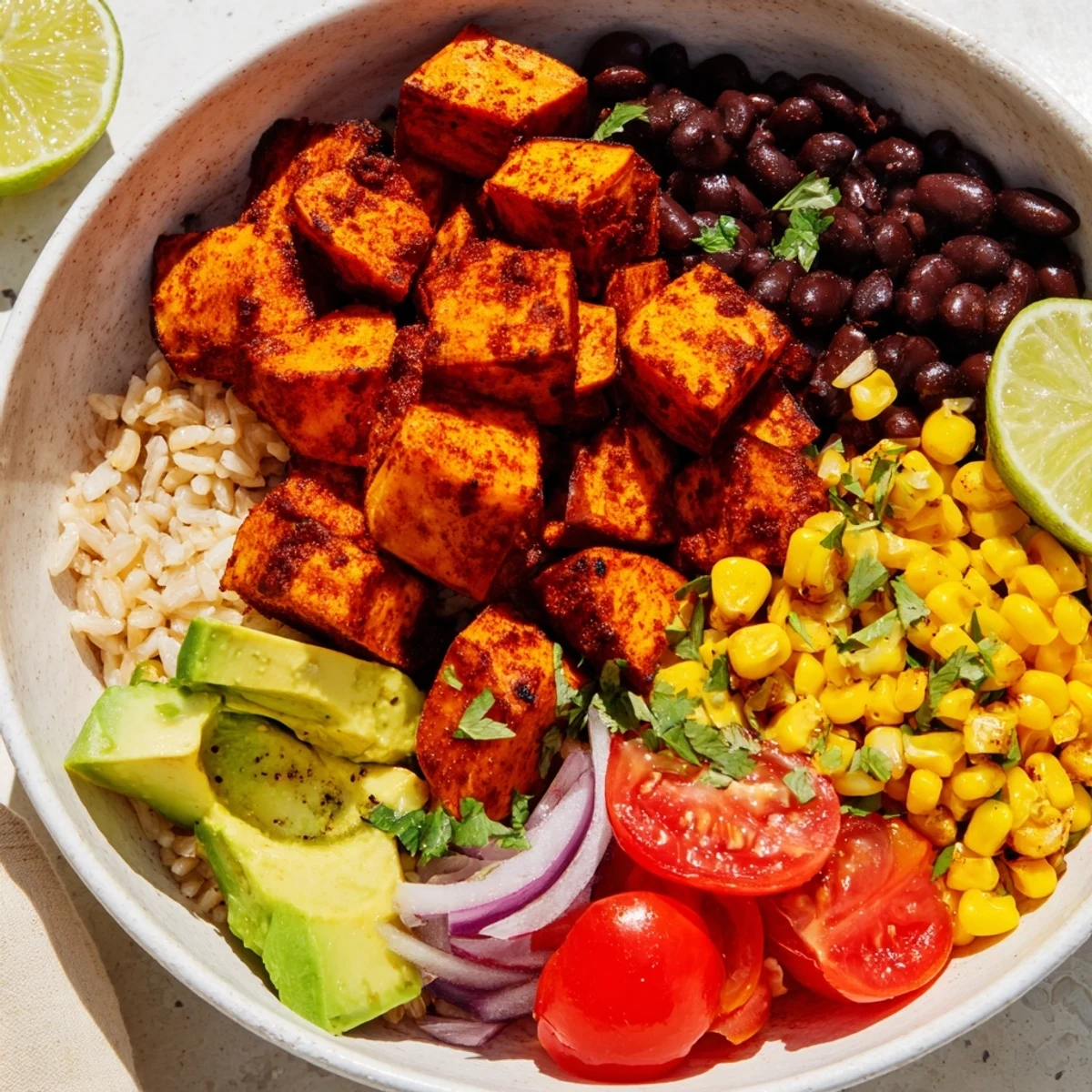 Hearty plant-based burrito bowl featuring caramelized sweet potatoes over fluffy brown rice with avocado