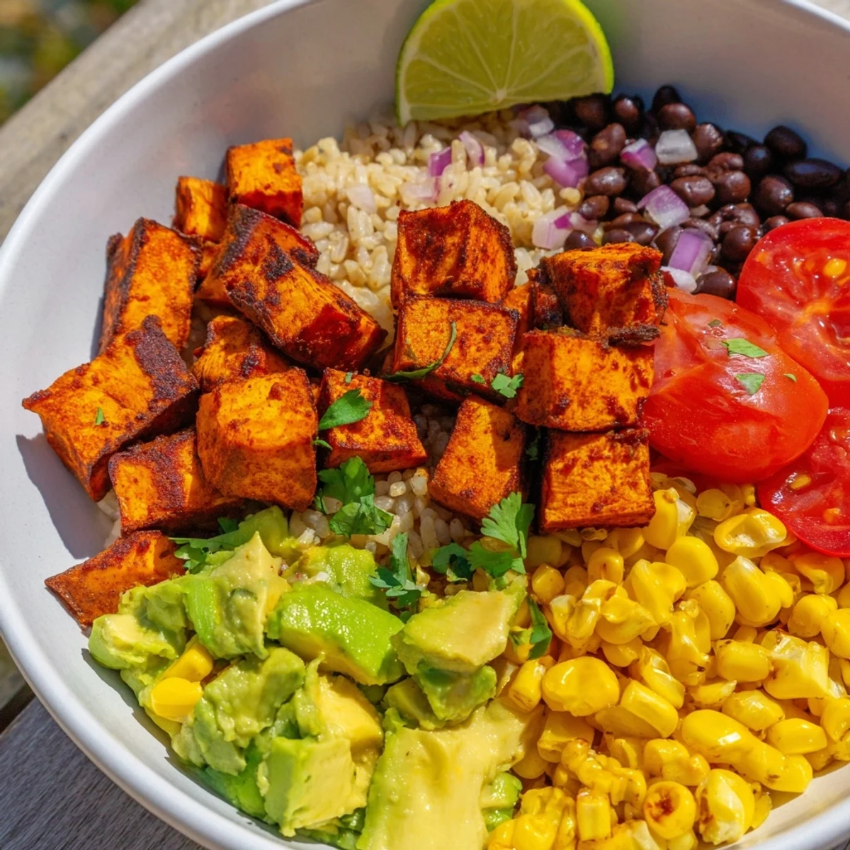 Vibrant Mexican-inspired vegan sweet potato burrito bowl loaded with black beans and colorful garnishes