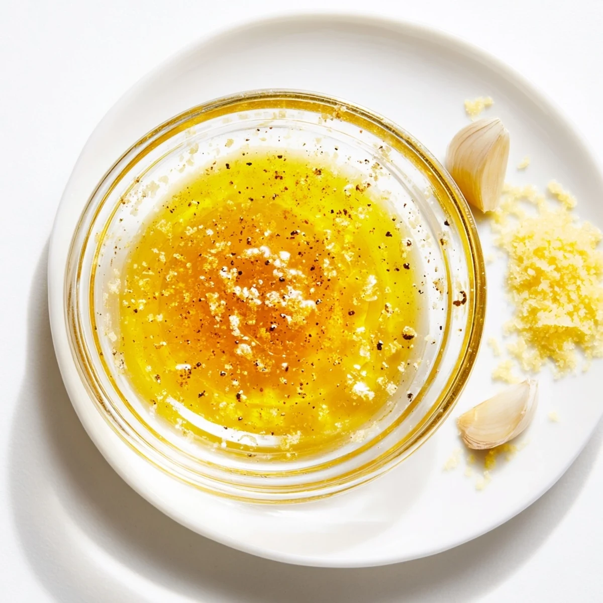 Golden honey lemon vinaigrette drizzled over fresh mixed greens in a white bowl