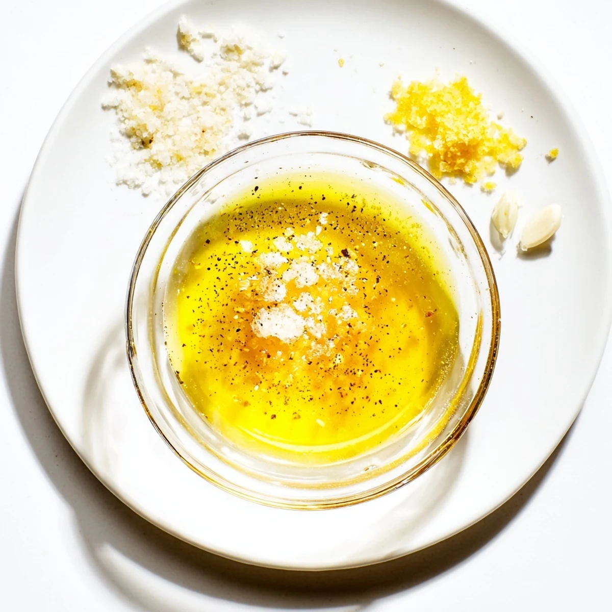 Bright honey lemon vinaigrette dressing served alongside crisp salad vegetables and lemon wedges