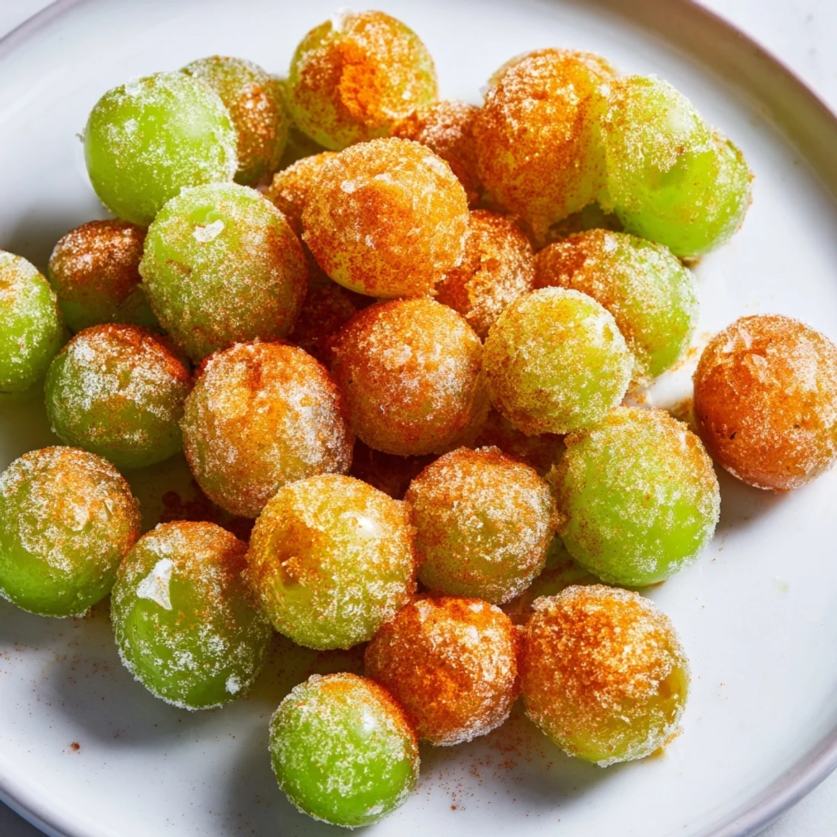 Bowl of vibrant green frozen Tajín grapes dusted with spicy red seasoning and fresh lime zest