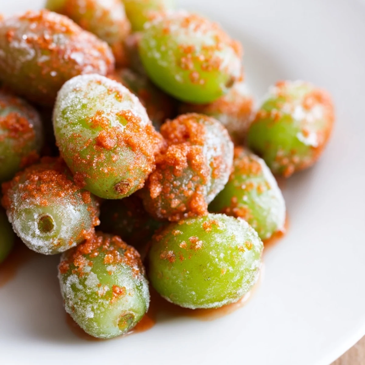 Crisp frozen grapes coated in tangy Tajín chili lime seasoning on white parchment paper ready to eat