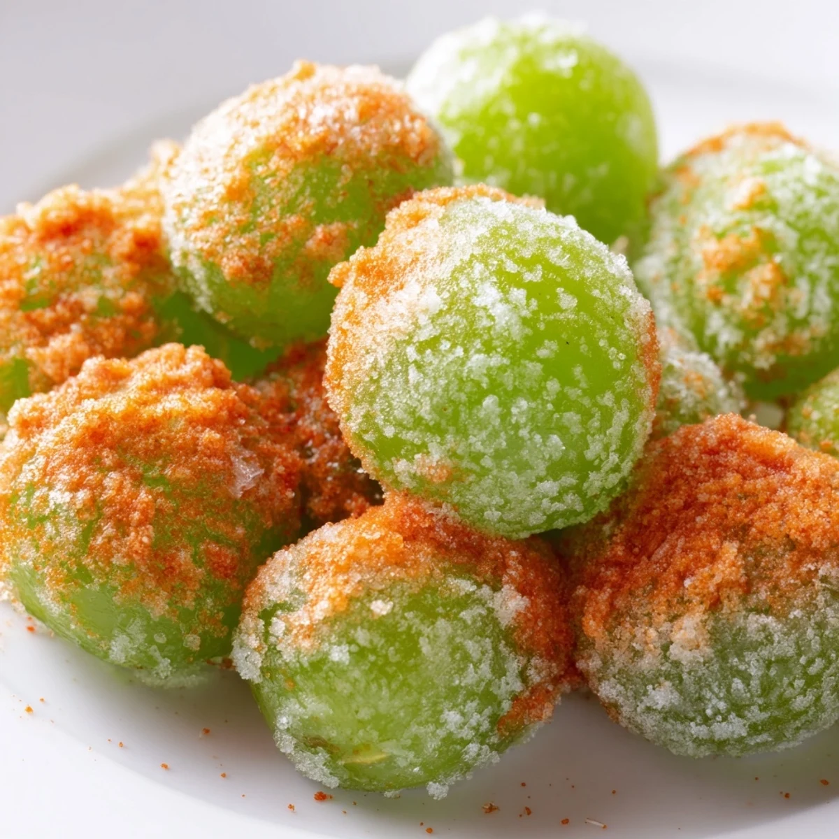 Close-up of icy green grapes sprinkled with orange-red Tajín spice blend and squeezed with lime juice