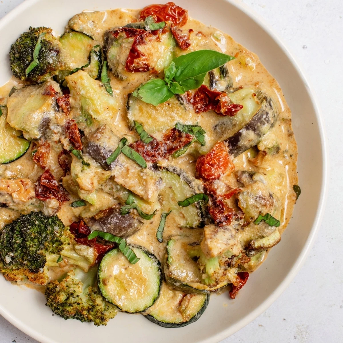 Golden roasted zucchini bell peppers and eggplant drizzled with creamy sun-dried tomato sauce in a Marry Me roasted vegetable medley