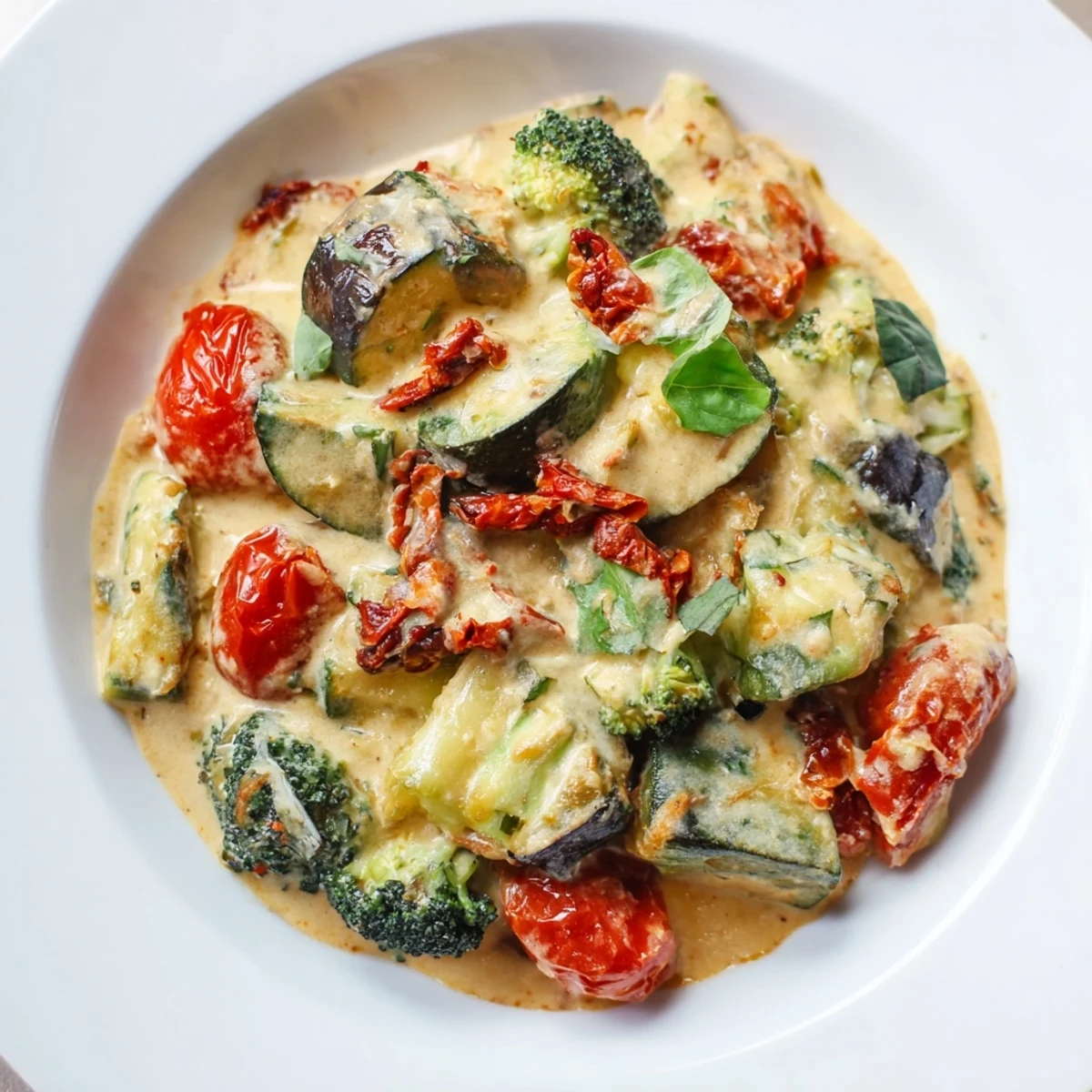 Colorful vegetable medley featuring tender roasted broccoli and cherry tomatoes coated in rich Parmesan cream sauce