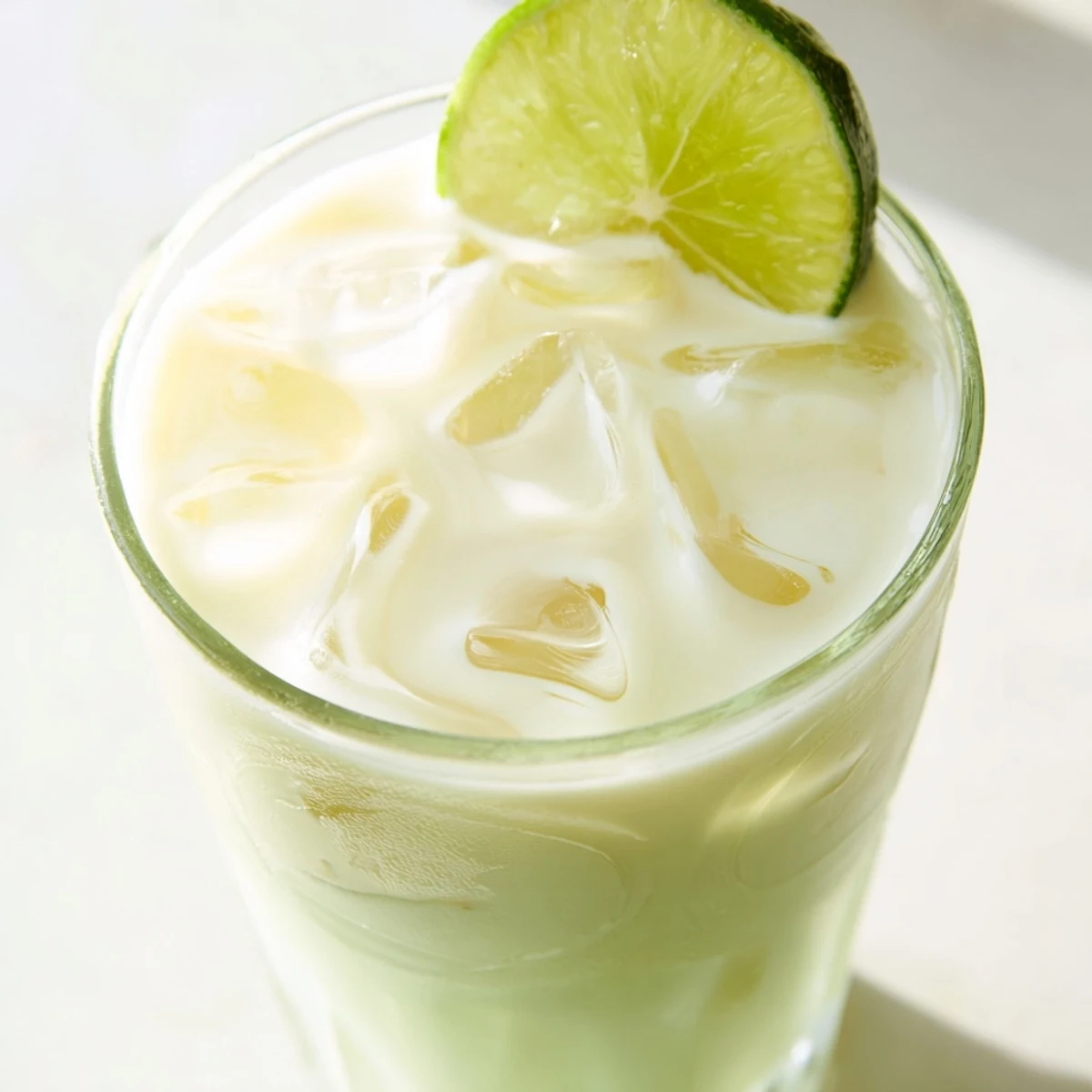 Refreshing creamy Brazilian lemonade served over ice with a wheel of lime on the rim