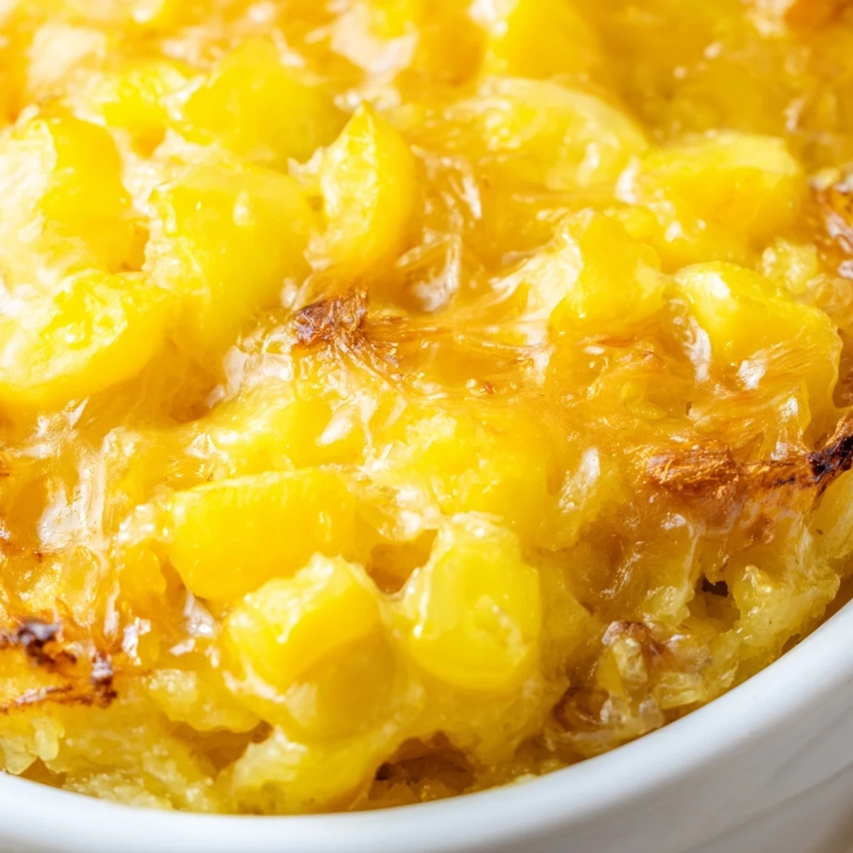 Golden honey glazed corn casserole with a bubbly caramelized top and melted cheddar