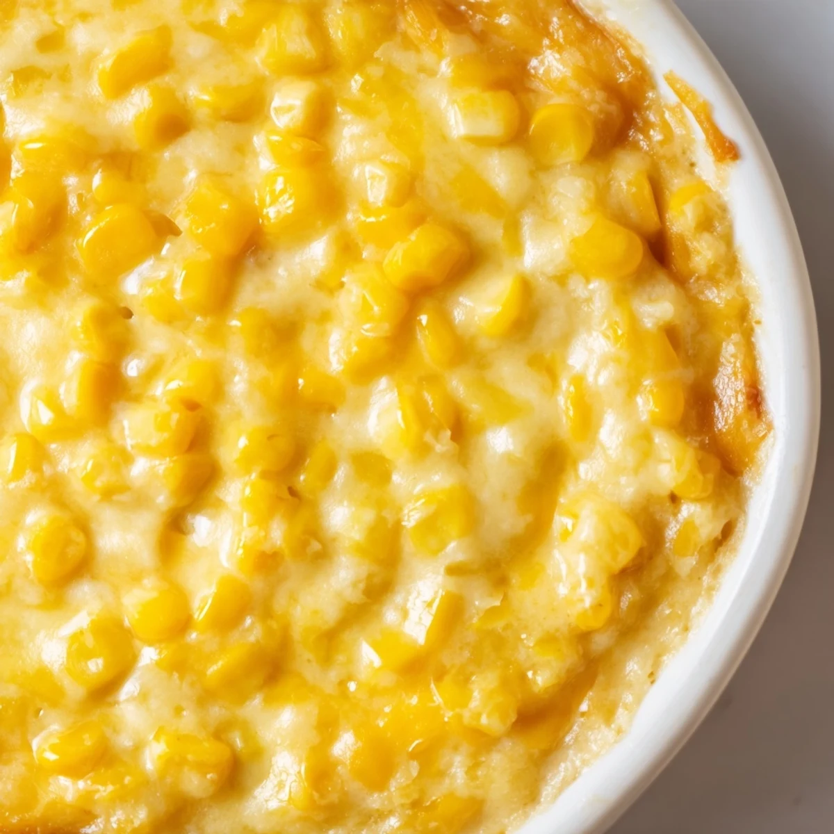 Creamy honey glazed corn casserole served warm in a white baking dish