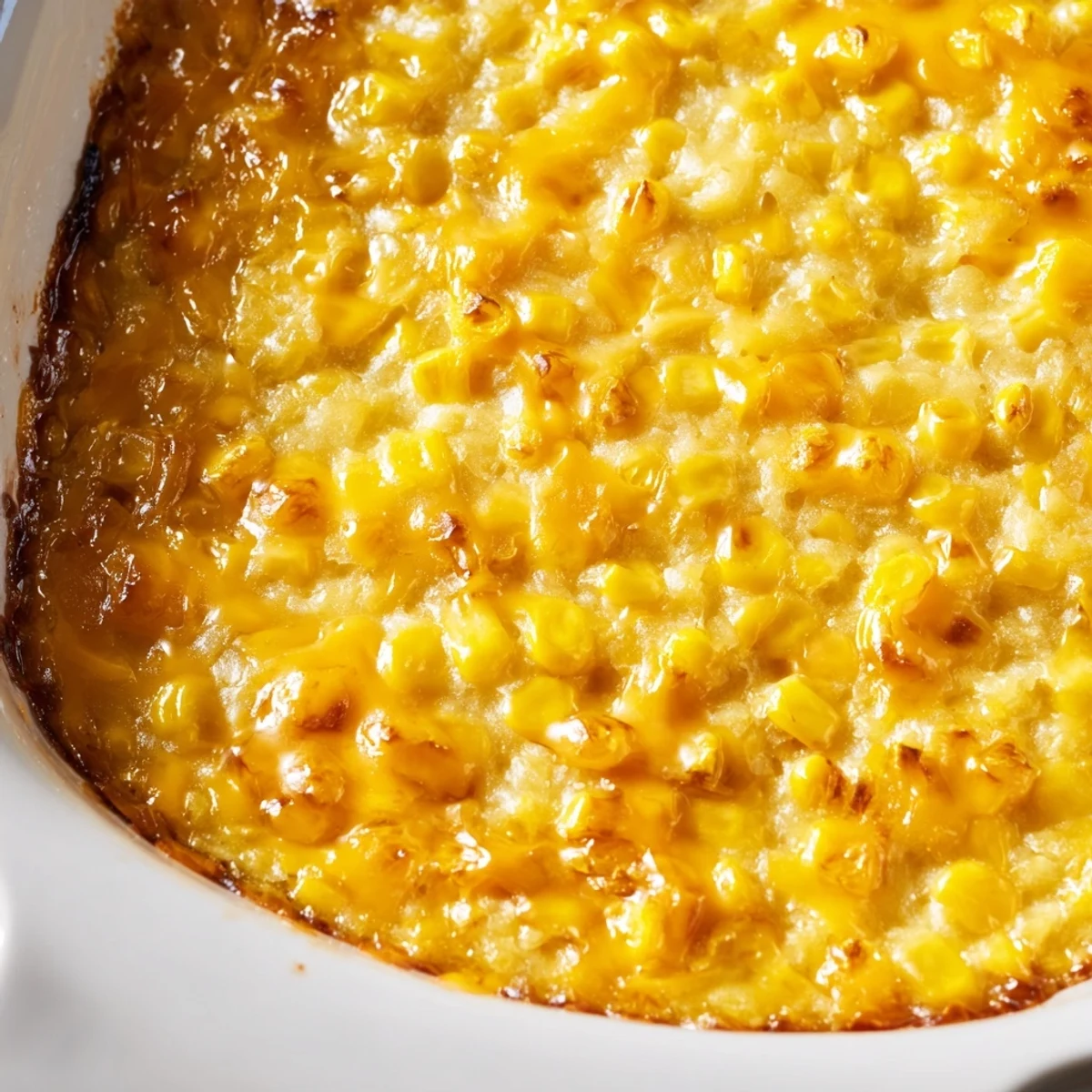Spoonful of tender honey glazed corn casserole showcasing golden brown crust and sweet corn kernels