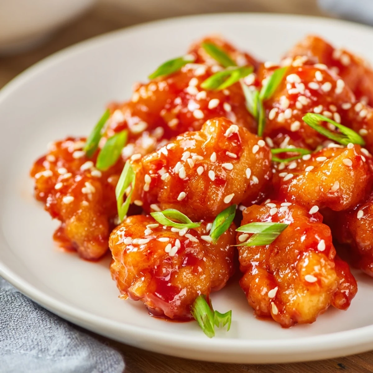 Tender sweet chili chicken sprinkled with green onions and sesame seeds over white rice