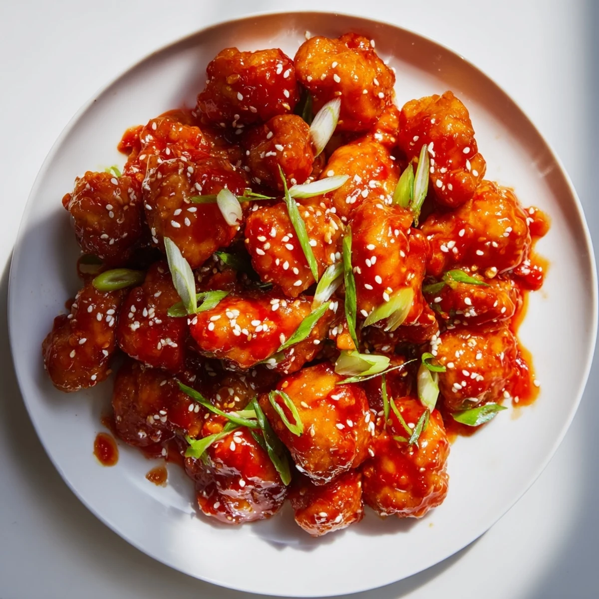 Golden sticky sweet chili chicken pieces coated in glossy red sweet and spicy sauce