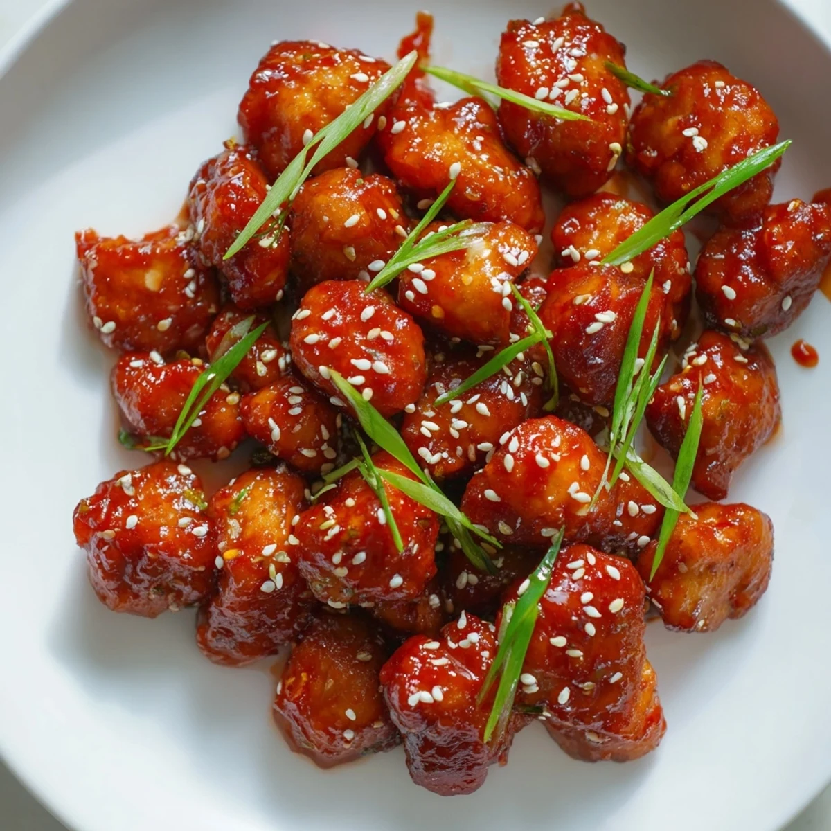 Pan-fried sweet chili chicken glazed in thick sweet and spicy chili sauce with garnishes