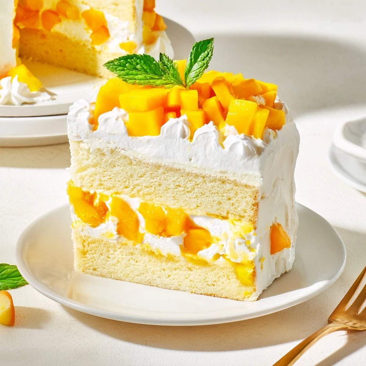 Delicate French-Japanese dessert showcasing mango cubes and yuzu curd between soft vanilla sponge layers