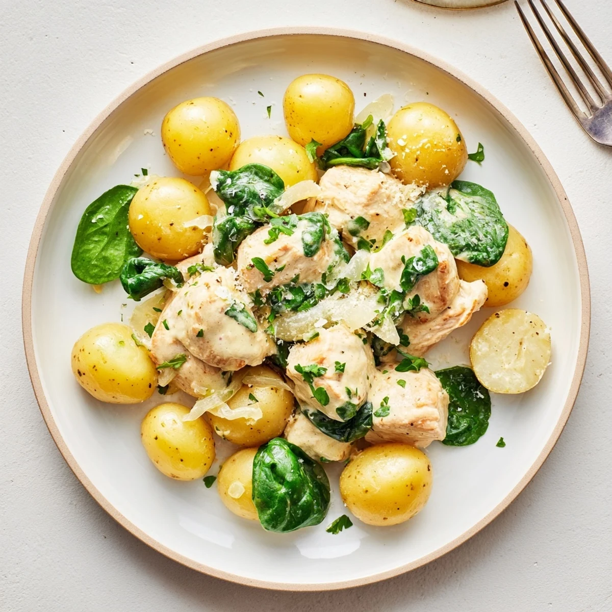 Slow Cooker Garlic Parmesan Chicken and Potatoes with tender meat coated in creamy white sauce