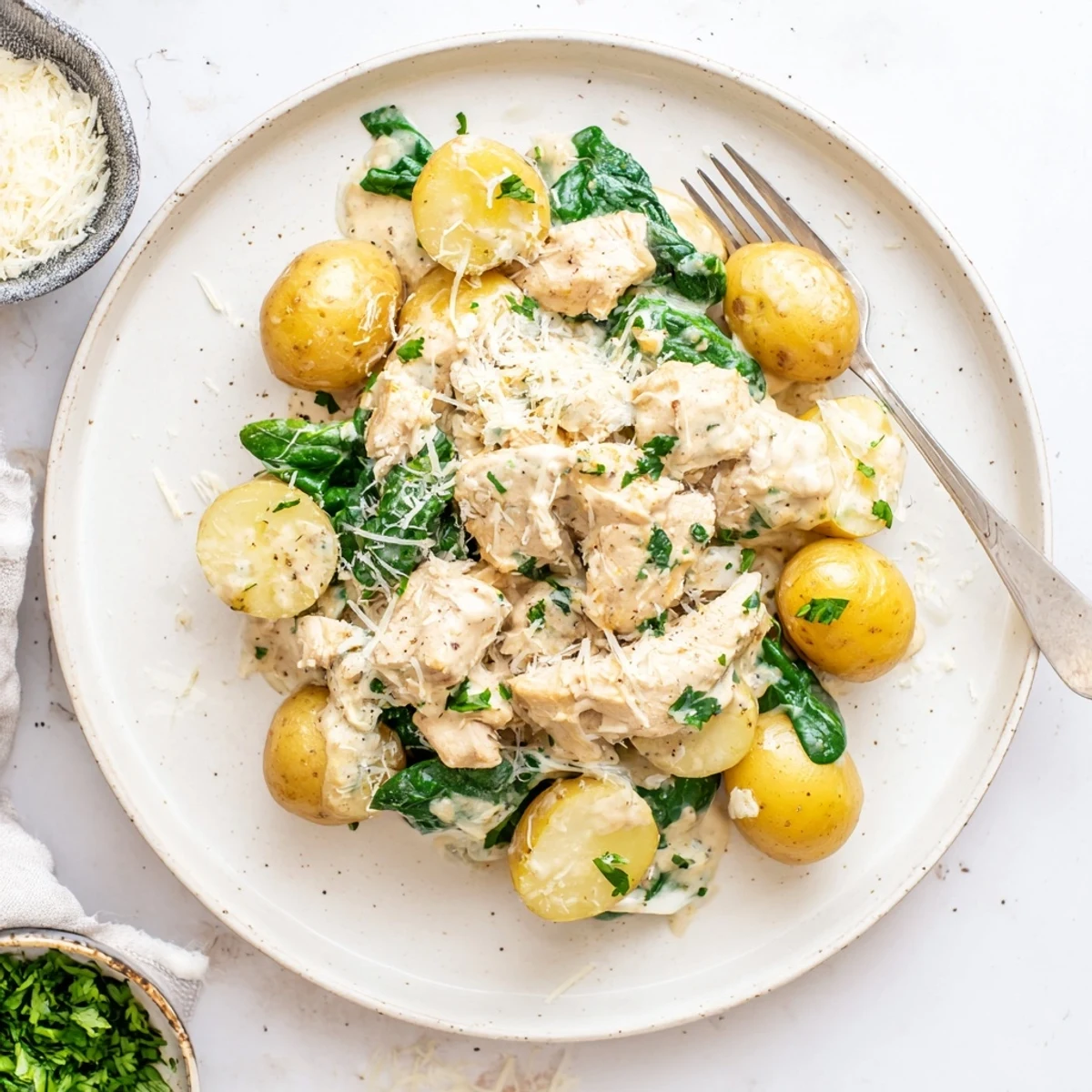 Family-friendly Slow Cooker Garlic Parmesan Chicken and Potatoes garnished with fresh parsley and extra cheese