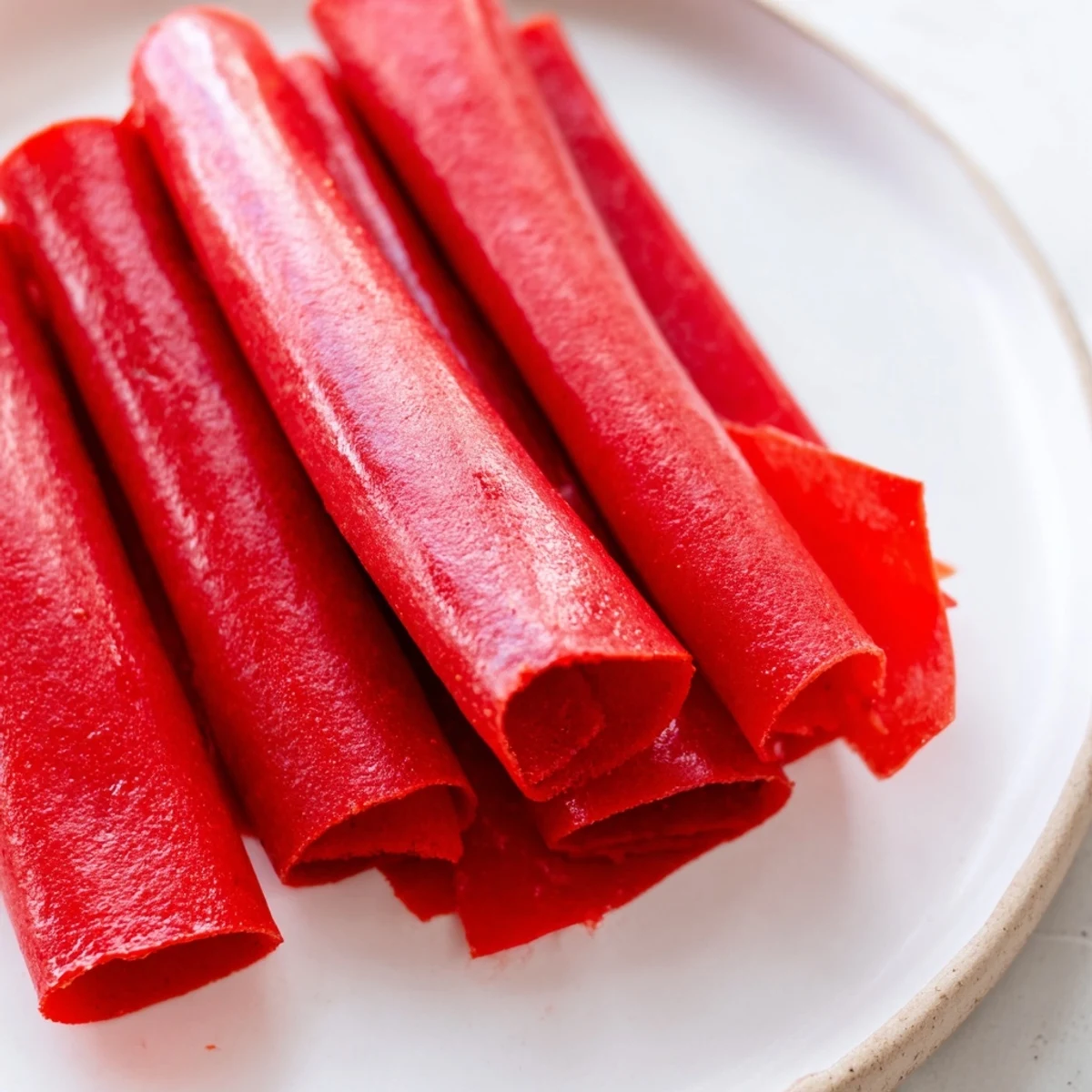 Chewy homemade fruit roll ups rolled into neat snacks made from fresh blended fruit puree