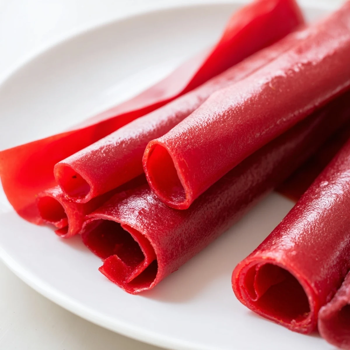 Bright red homemade fruit roll ups being cut into strips on a wooden cutting board