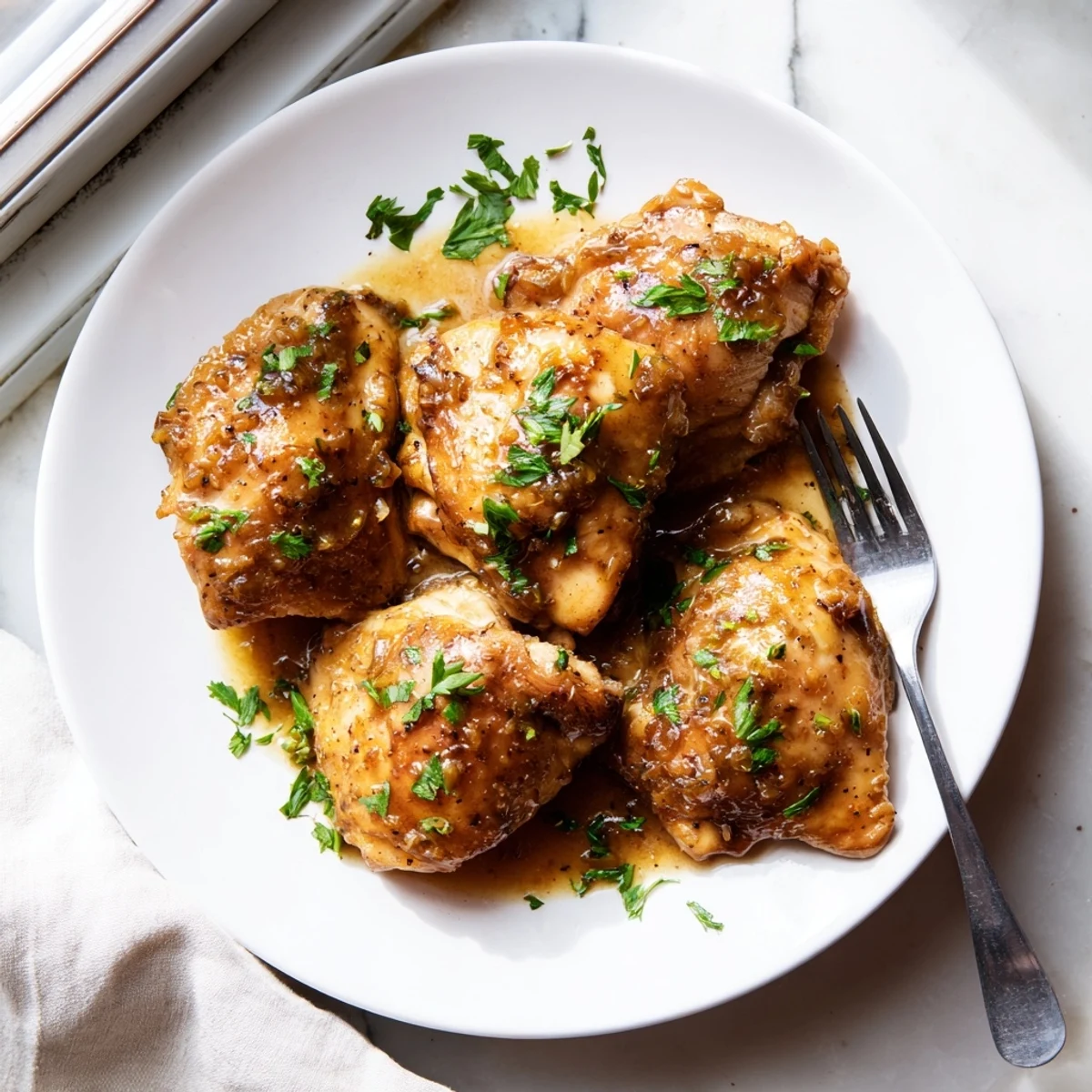 Golden brown chicken thighs coated in glossy sticky apple cider sauce with fresh parsley garnish