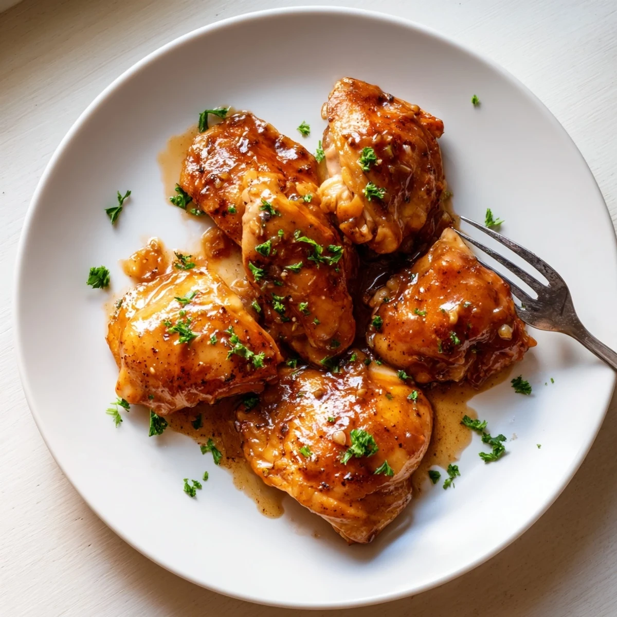 Savory glazed chicken drizzled with thick reduced apple cider sauce on a white dinner plate