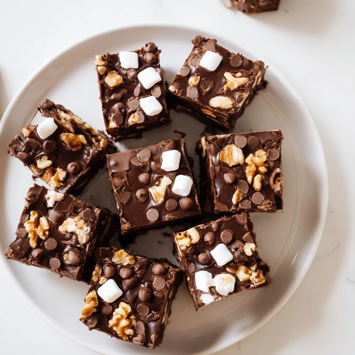 Homemade easy rocky road fudge showing glossy chocolate texture with mini marshmallows and chopped nuts throughout