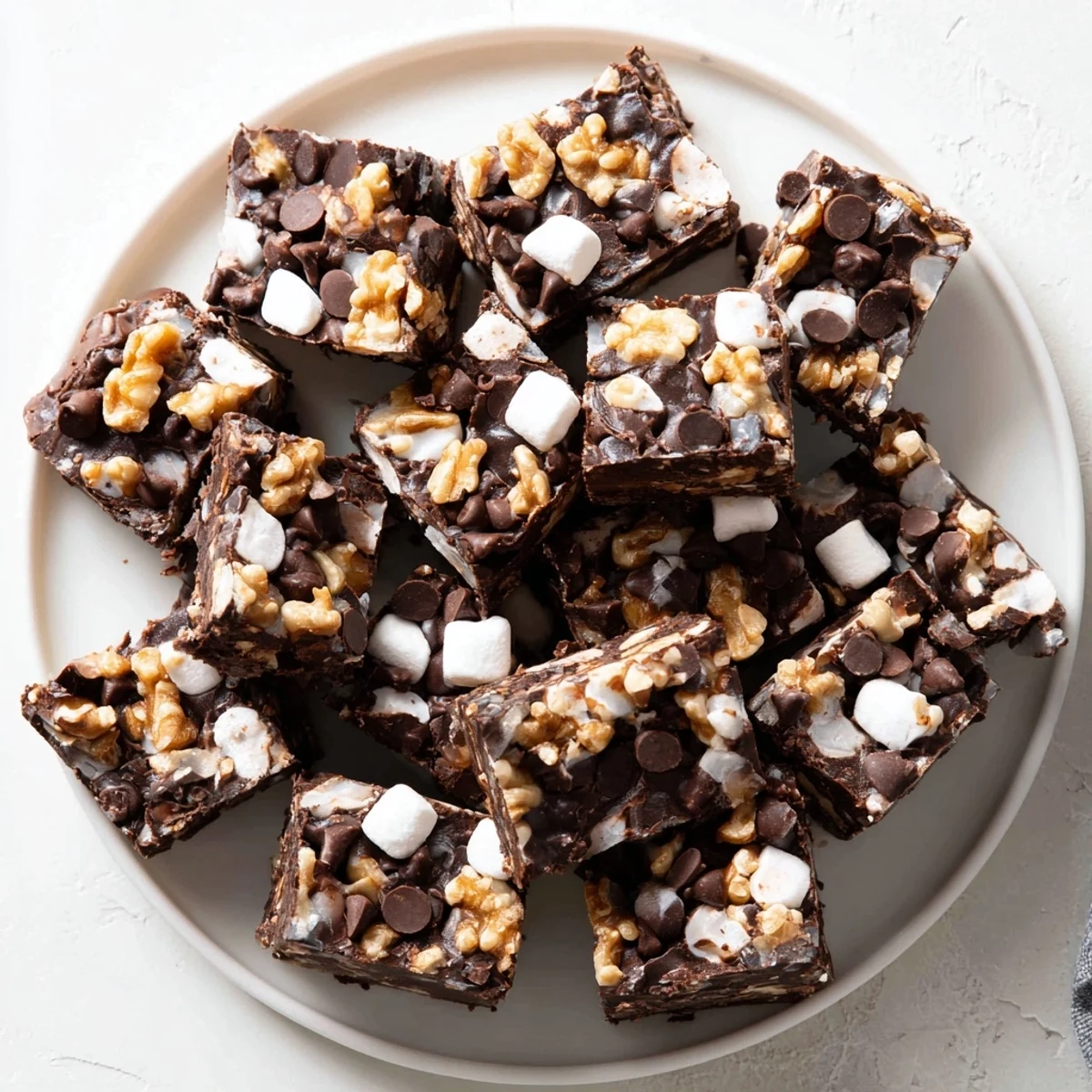 Decadent easy rocky road fudge cut into bite-sized pieces with melted chocolate swirls and toasted nut topping