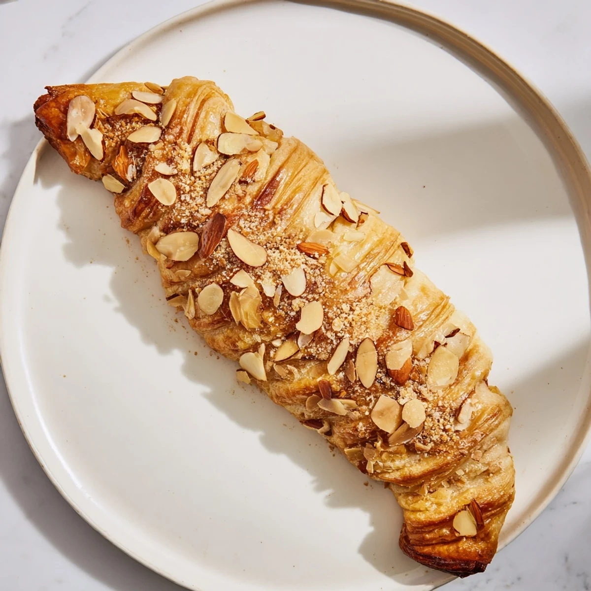 Fresh baked almond bear claw pastry displaying crisp layers and almond paste on cooling rack