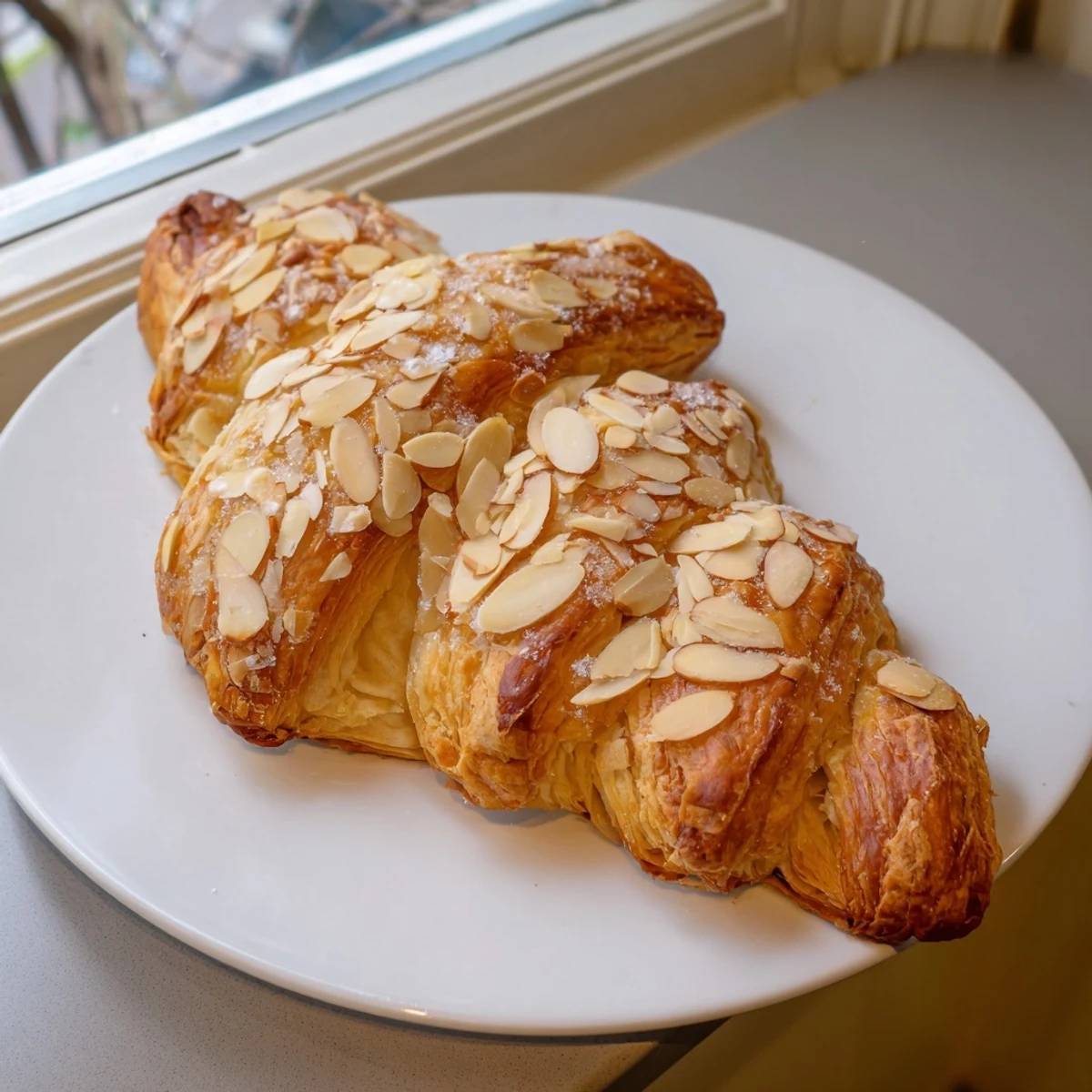 Buttery almond bear claw pastry baked until golden with sliced almond topping on white plate