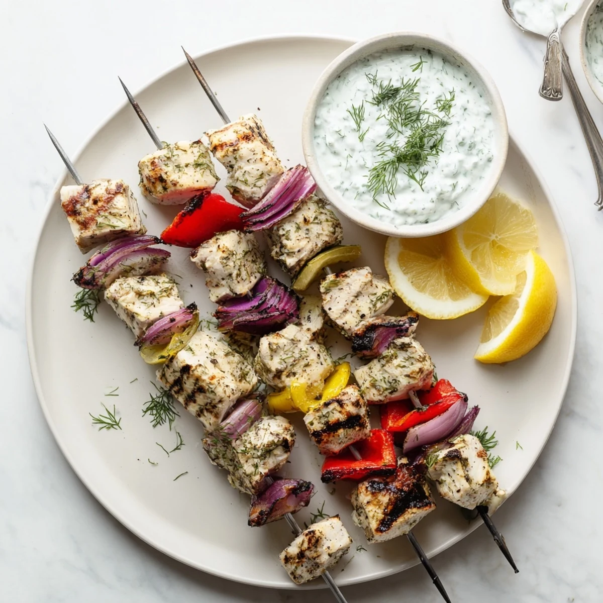 Golden grilled Greek lemon chicken skewers served with creamy tzatziki sauce and fresh lemon wedges
