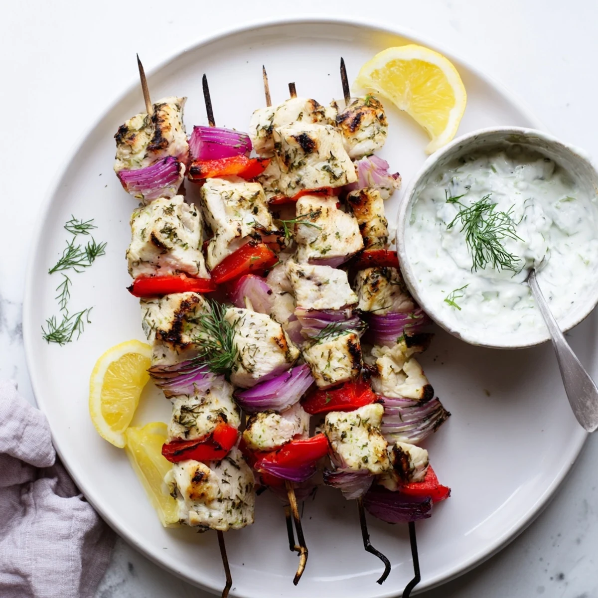 Tender marinated chicken pieces threaded on skewers with colorful vegetables and herb yogurt dip for easy grilling
