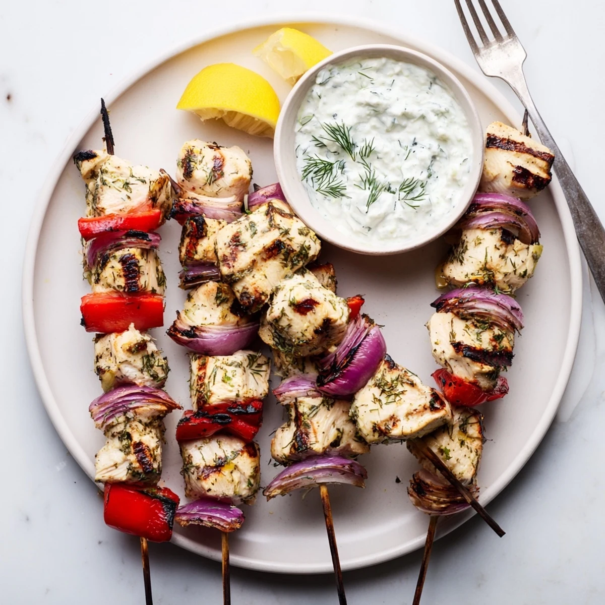 Perfectly charred lemon garlic chicken kebabs plated alongside cool refreshing cucumber tzatziki sauce