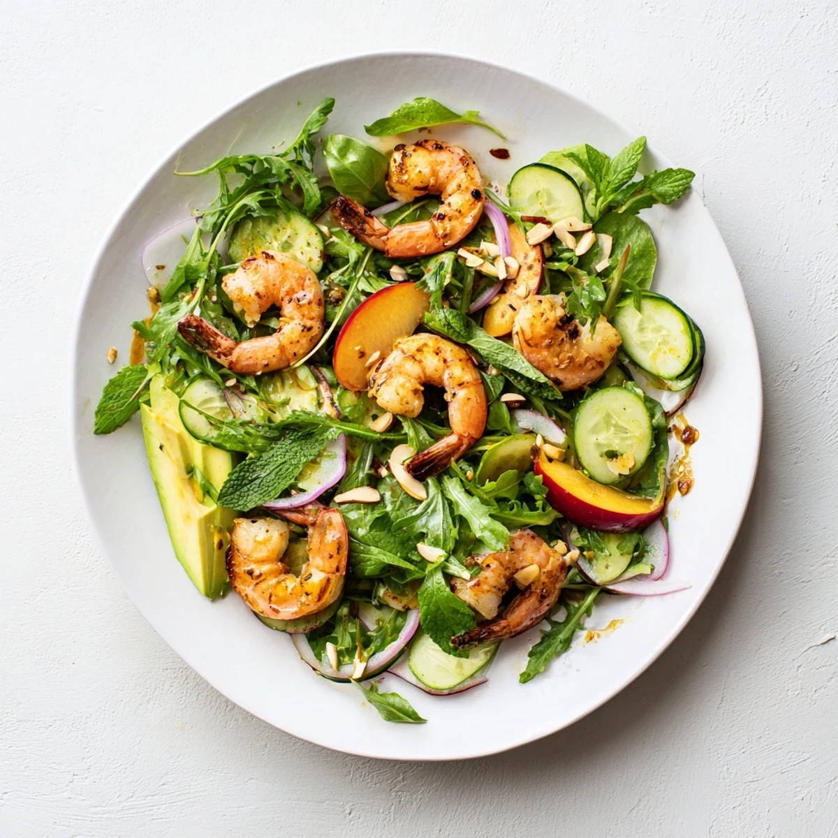 Fresh shrimp and nectarine salad with juicy sliced fruit, crisp greens, and zesty citrus dressing