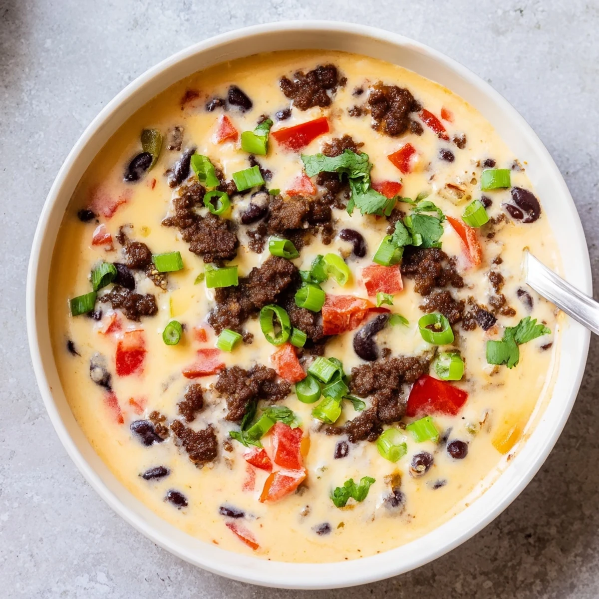 Golden spicy cowboy queso dip bubbling in a cast iron skillet topped with fresh cilantro