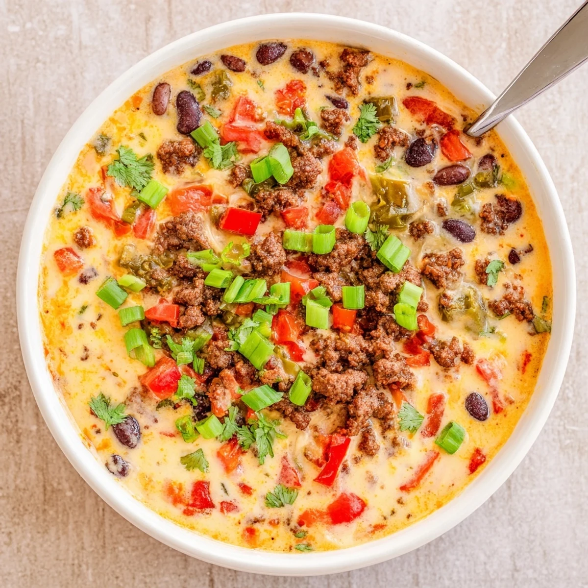 Hearty spicy cowboy queso dip with colorful peppers served warm with crispy tortilla chips