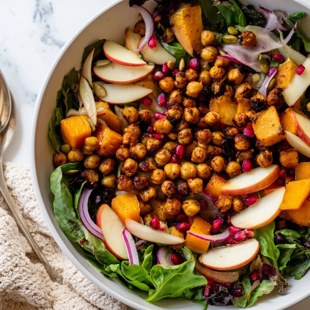 Golden roasted chickpea fall salad with maple-Dijon dressing, pomegranate, and crisp apples