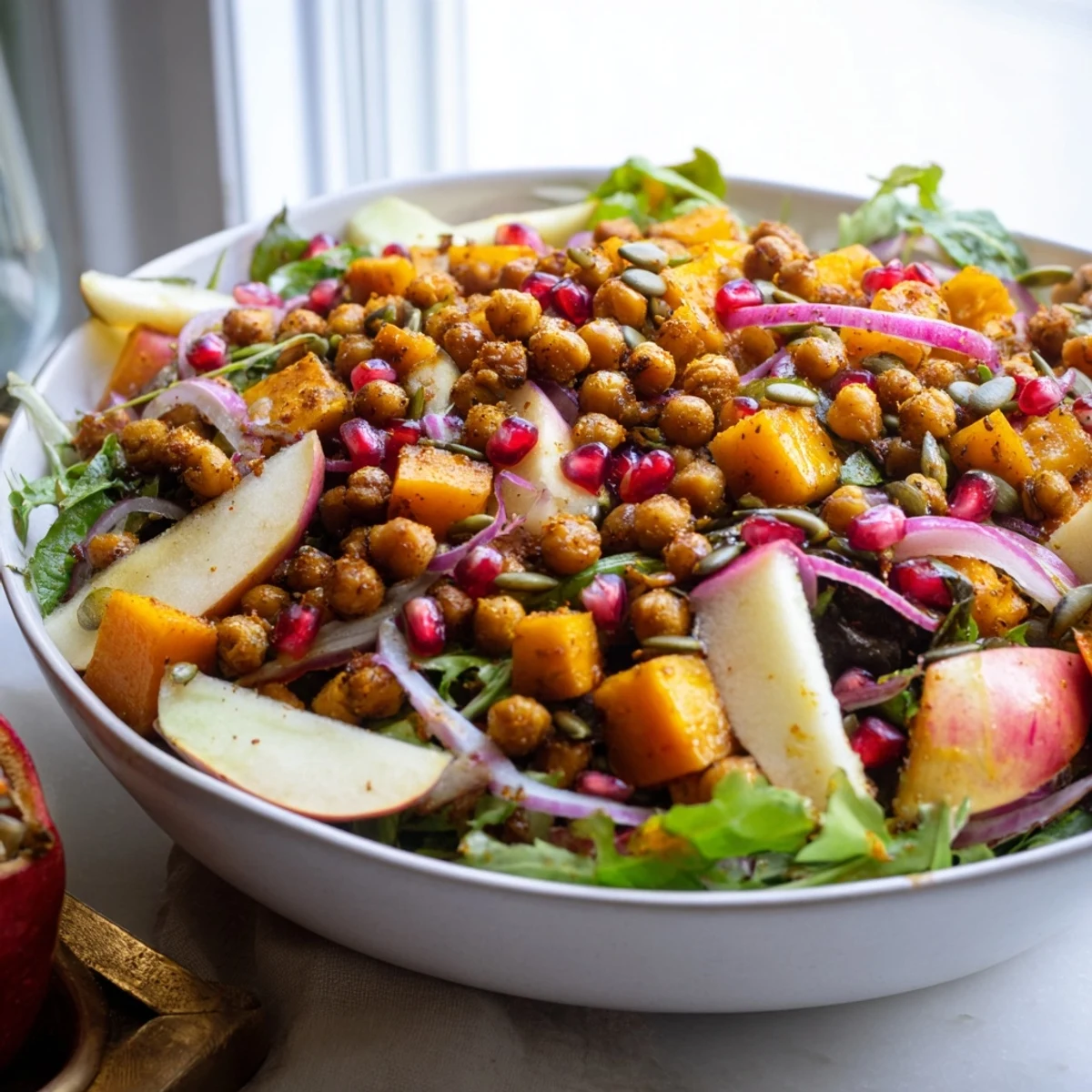 Colorful bowl of roasted chickpea fall salad featuring butternut squash, pumpkin seeds, and tangy vinaigrette