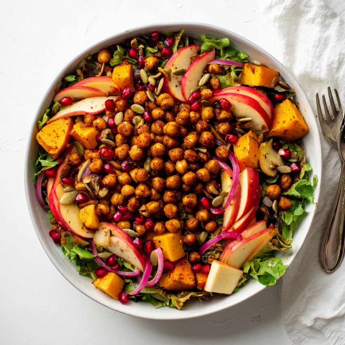 Hearty roasted chickpea fall salad topped with seasonal vegetables and sweet maple dressing on a white plate