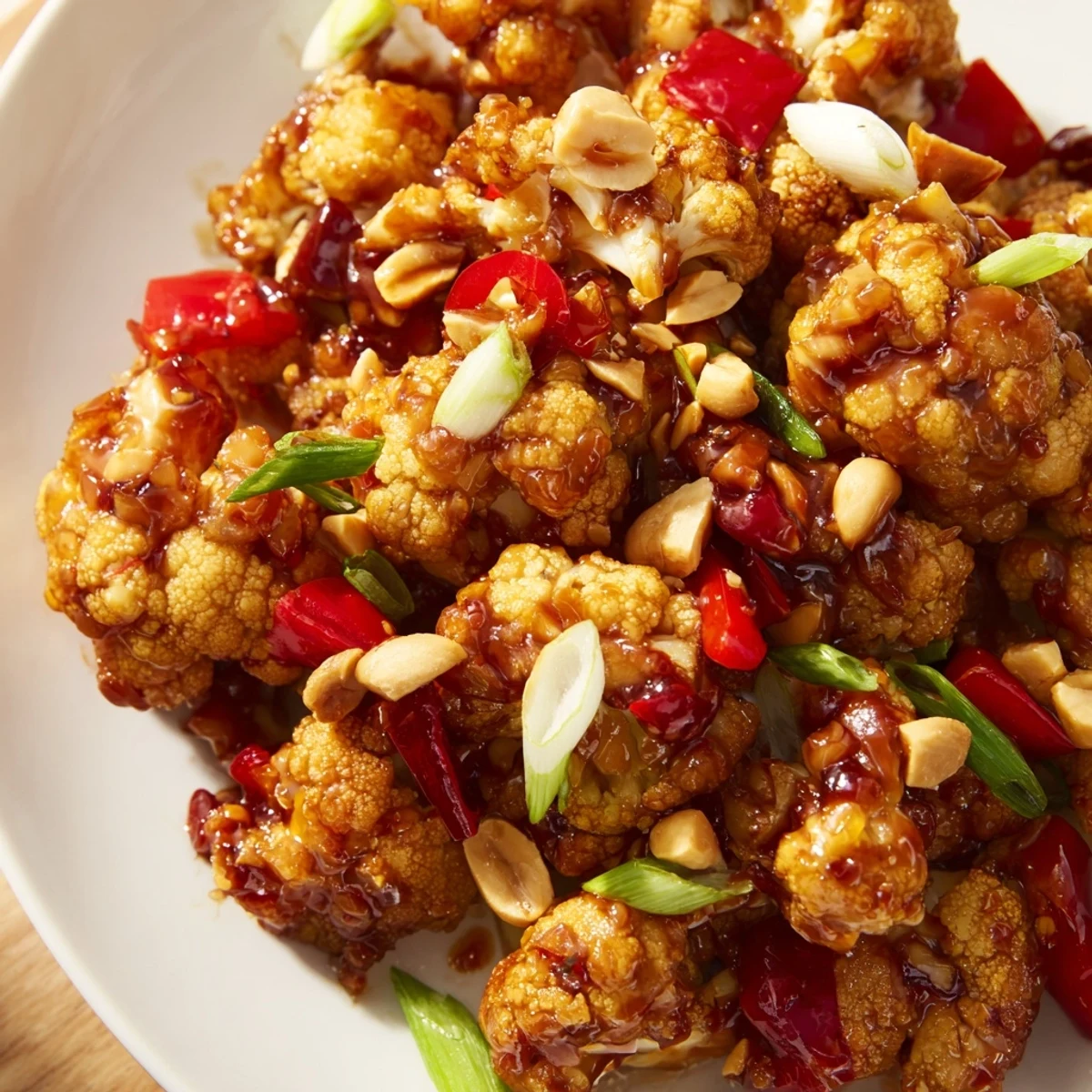 Golden roasted Kung Pao Cauliflower coated in spicy glaze with crunchy roasted peanuts and diced red bell pepper